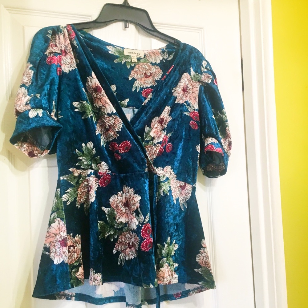 Extra Large Velvet Teal Floral Wrapped Top